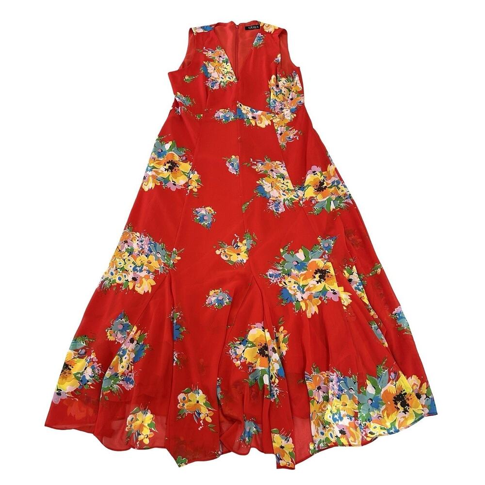 Ralph Lauren Black Label Georgette Maxi Dress Size 14 Red Floral Sleeveless - Picture 2 of 7